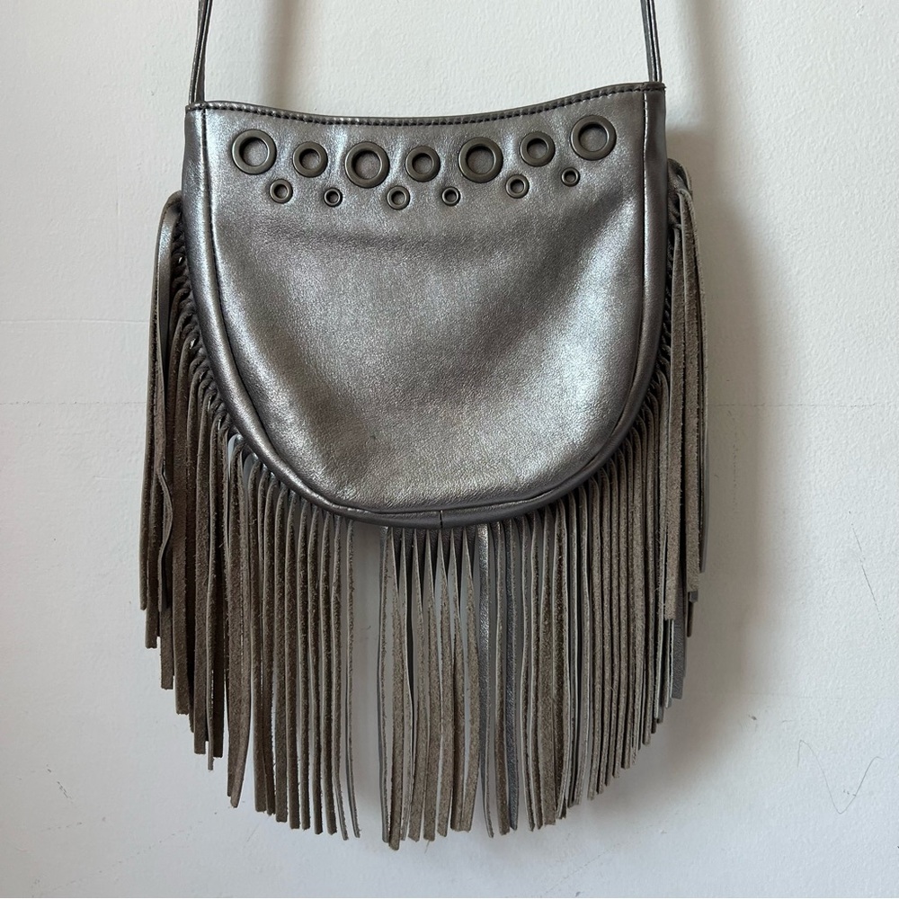 HOBO Metallic Gray Fringe Crossbody Bag with Grommet Detail